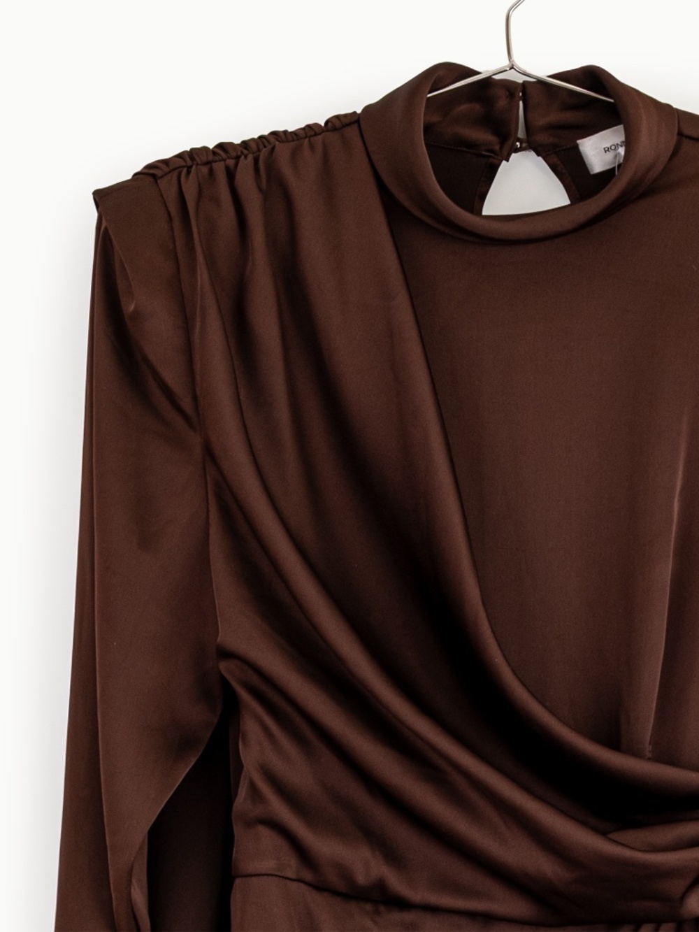 NWT Ronny Kobo Bianca Dress Chocolate Brown Draped High Neck Mini Dress - Size M - Picture 11 of 13